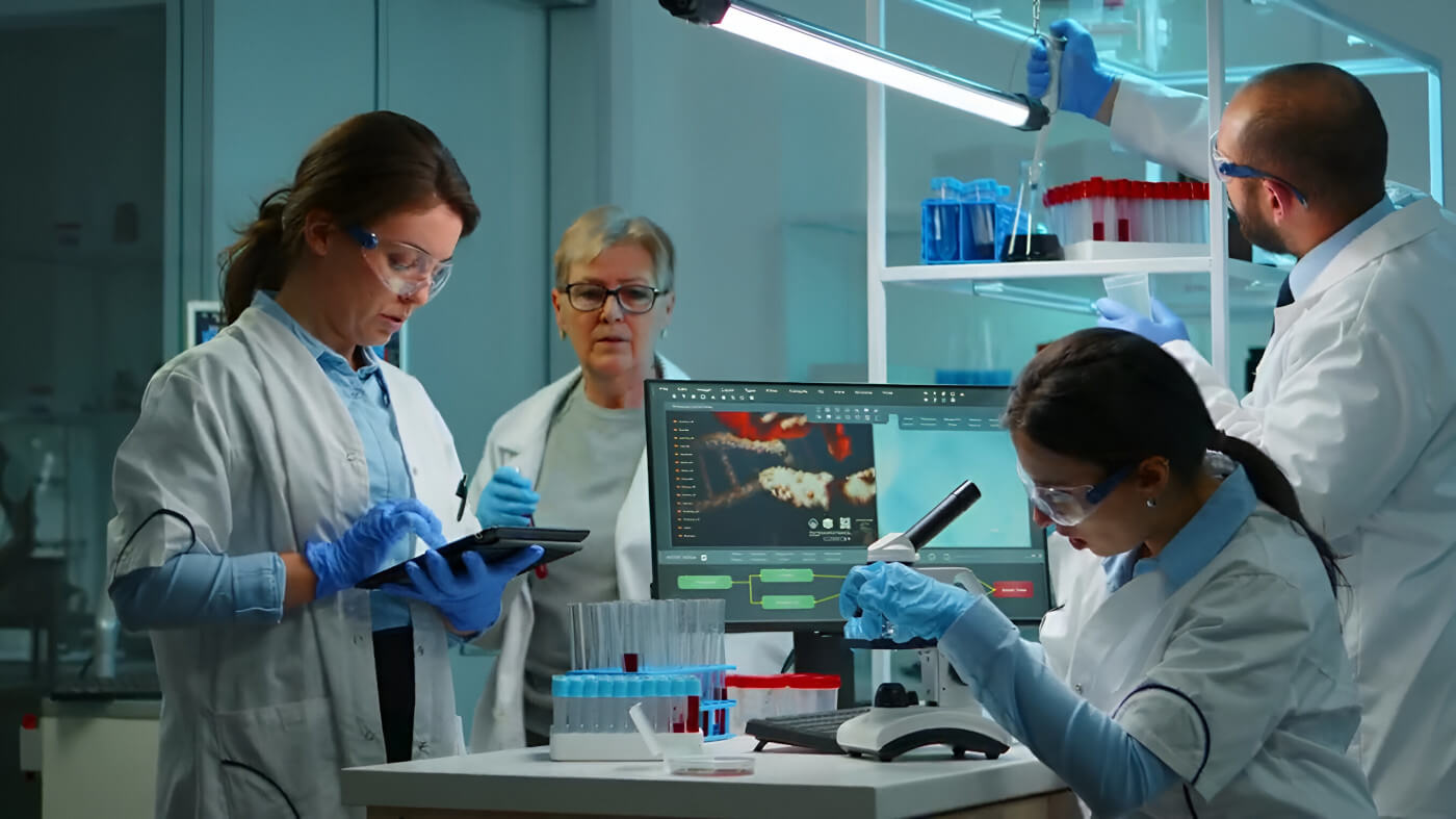 A team of scientists in lab coats work collaboratively in a modern laboratory, analyzing data on screens and conducting experiments.